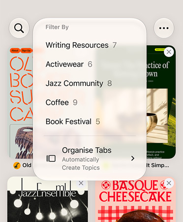 iPhone Safari browser, displaying the Filter menu with categories like Writing Resources, Activewear, Jazz Community, Coffee, and Book Festival, with Automatically Organize option selected