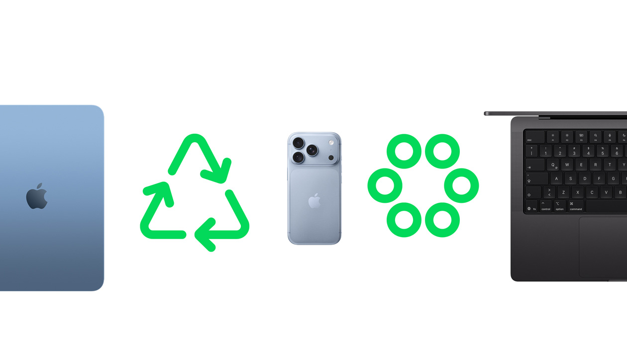 Parte trasera de un iPad Air, azul, ícono verde de reciclaje, parte trasera de un iPhone Air, ícono verde de materiales circulares, teclado de un MacBook Pro, vista parcial