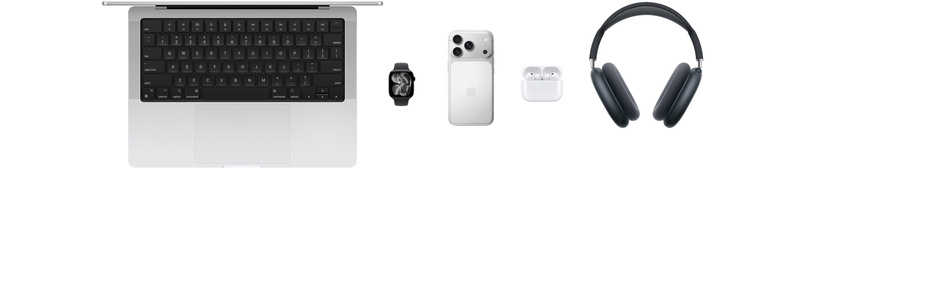 Forskellige Apple-produkter, herunder en MacBook, et Apple Watch Series 11, en iPhone 17 Pro, AirPods Pro 3 og AirPods Max