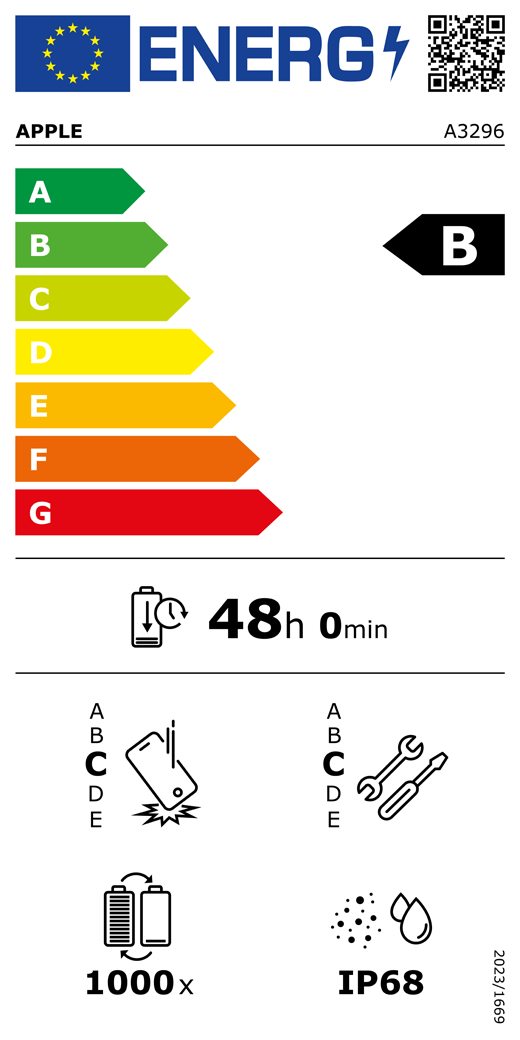 QR-kod för energimärkning och information (EU), Apple-modell A3296, klass B, klasser för energieffektivitet (skala från A till G), A (mest effektiv) till G (minst effektiv), batteritid per laddningscykel, 48 timmar och 0 minuter vid full laddning, tillförlitlighet vid upprepat fritt fall: klass C, A (mest robust) till E (minst robust), reparerbarhet: klass C, A (mest reparerbar) till E (minst reparerbar), batteriets livslängd i antal cykler: 1000, IP68-klassad damm- och vattentålighet, förordning 2023/1669.