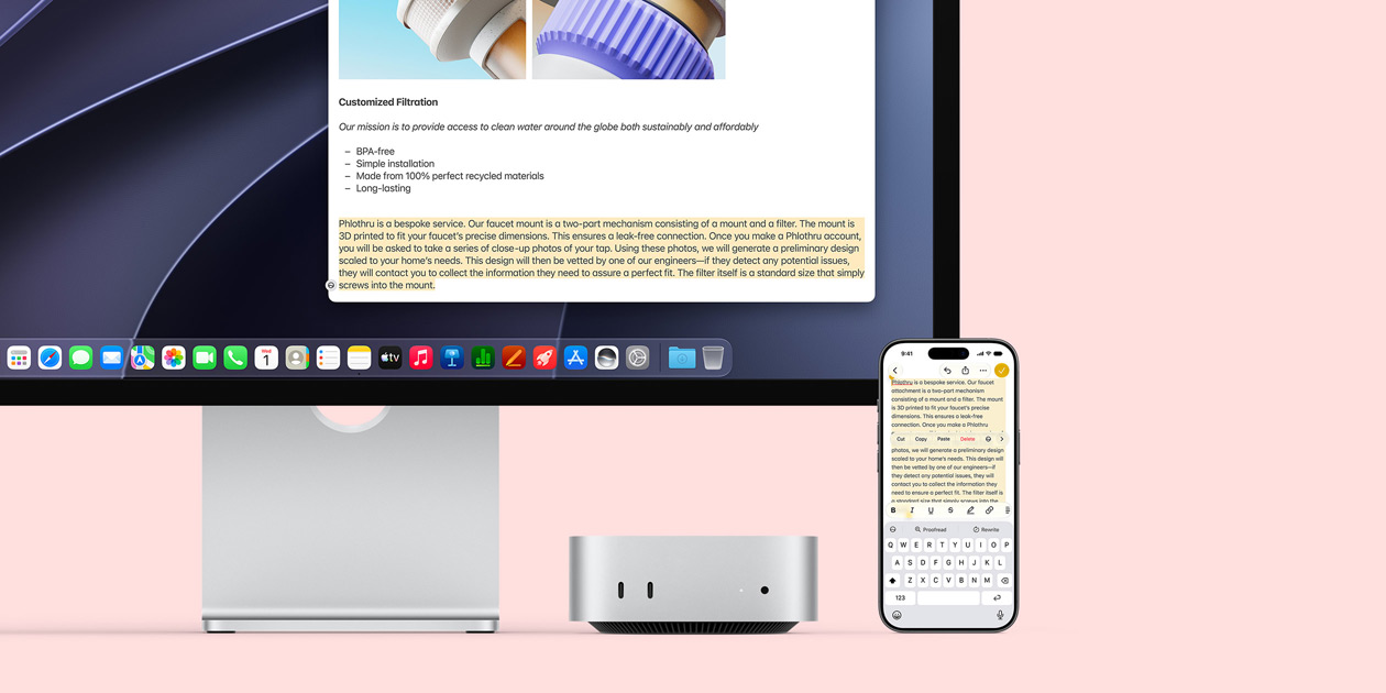 Voorkant van Mac mini onder Studio Display, een iPhone staat rechts van het device en het display, geselecteerde tekst met de commando’s knippen, kopiëren, plakken en Vul Automatisch In erboven op iPhone komt overeen met gemarkeerde tekst op het display, ter illustratie van Universeel Klembord