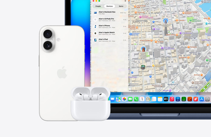 Apple Watch, le texte à l’écran indique « Cet appareil est identifié comme perdu, veuillez me contacter » avec un numéro de téléphone, à côté d’un iPhone, d’AirPods Pro et d’un MacBook Neo, couleur indigo, l’écran affiche l’app Localiser avec une carte et une liste d’appareils avec leur emplacement