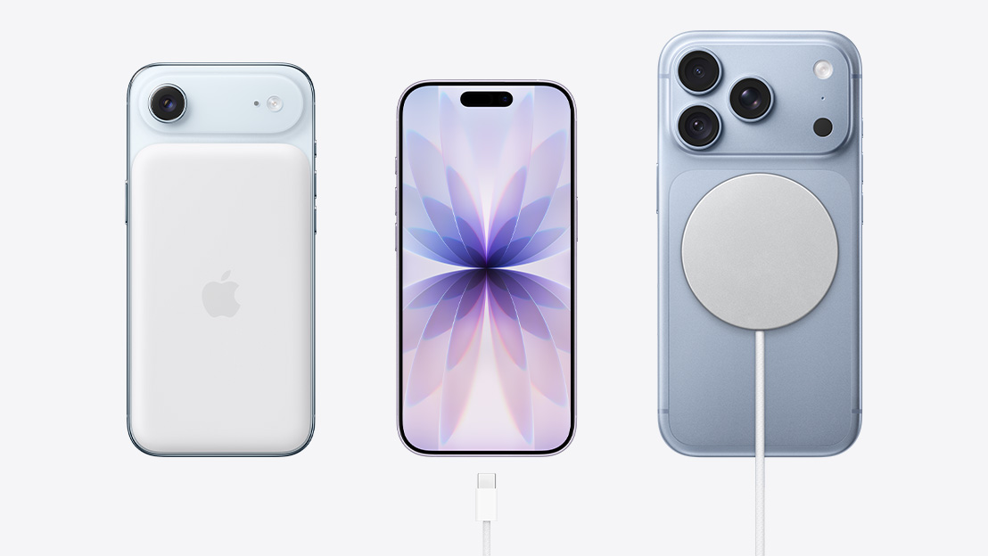iPhone models shown side by side, iPhone Air, back exterior, Cloud White color with MagSage battery, iPhone 17, front exterior, generic wallpaper displayed on screen, iPhone 18 Pro, Glacier color, back exterior, MagSafe charger attached