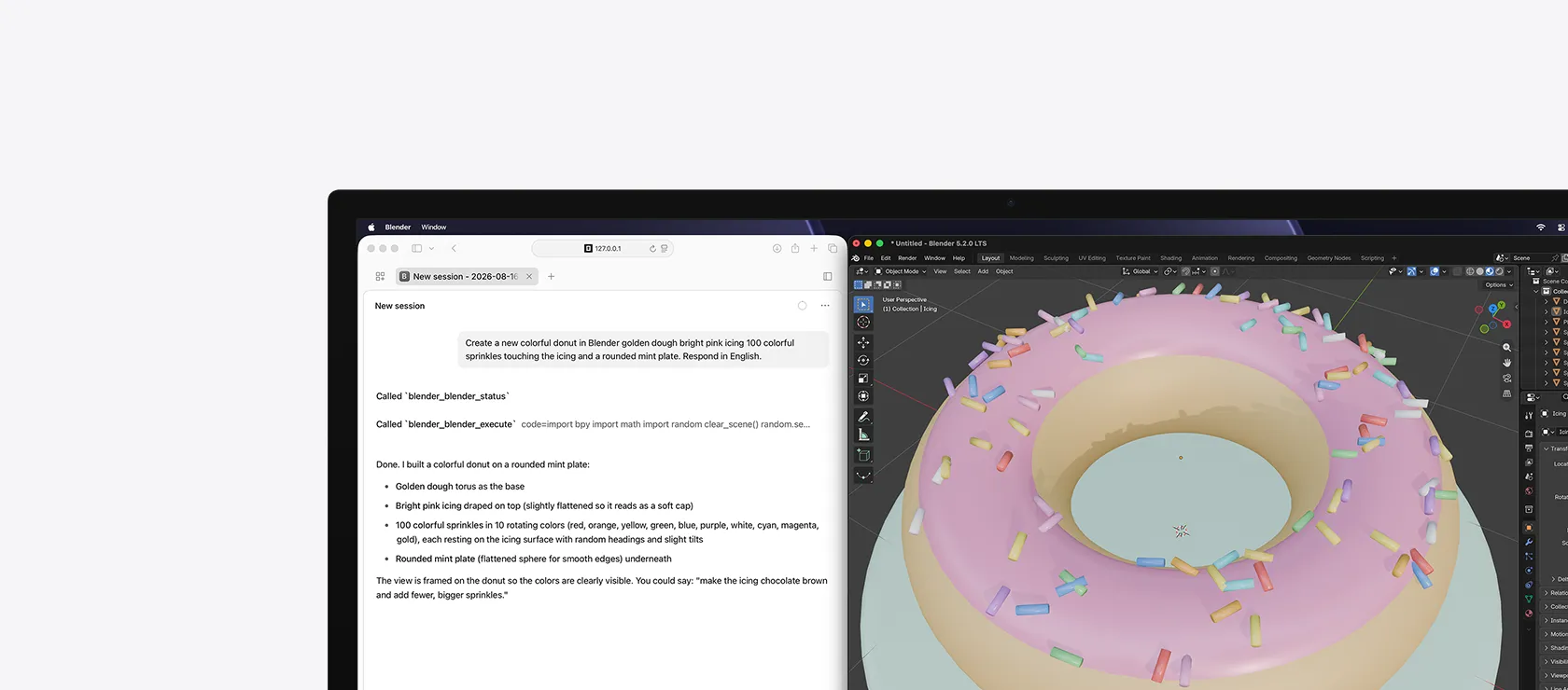 Claude and Adobe InDesign 2026 open on a screen, Claude shows a generative prompt about updating the design of a document, Adobe InDesign 2026 shows the document being edited