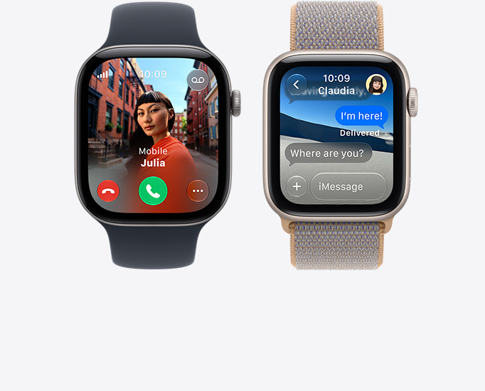 Apple Watch Series 12 devices, screens: incoming call, contact photo, accept and decline call buttons, iMessage conversation, connected to Sport Band, black colour, Sport Loop, chambray blue colour (light blue-grey)