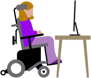 Una persona en una silla de ruedas motorizada mira una computadora Mac ubicada en un escritorio