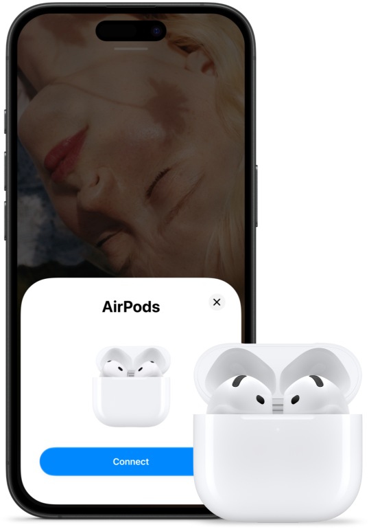 Et åbent opladningsetui med AirPods 5 indeni og en iPhone, som viser, at AirPods 5 er blevet tilsluttet.
