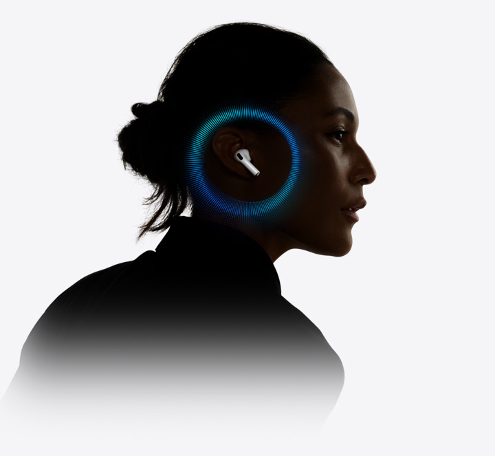 En person som använder AirPods Pro 3, ljudvågor kring örat.