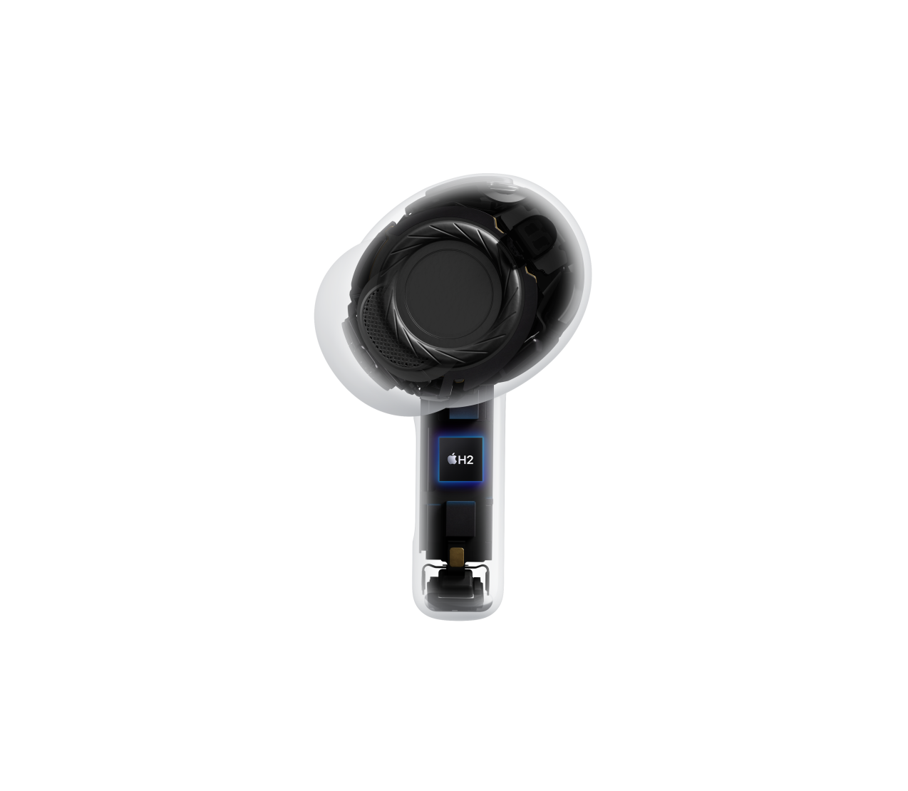 Høyttalerarkitekturen i trådløse AirPods Pro 3-øretelefoner vises.