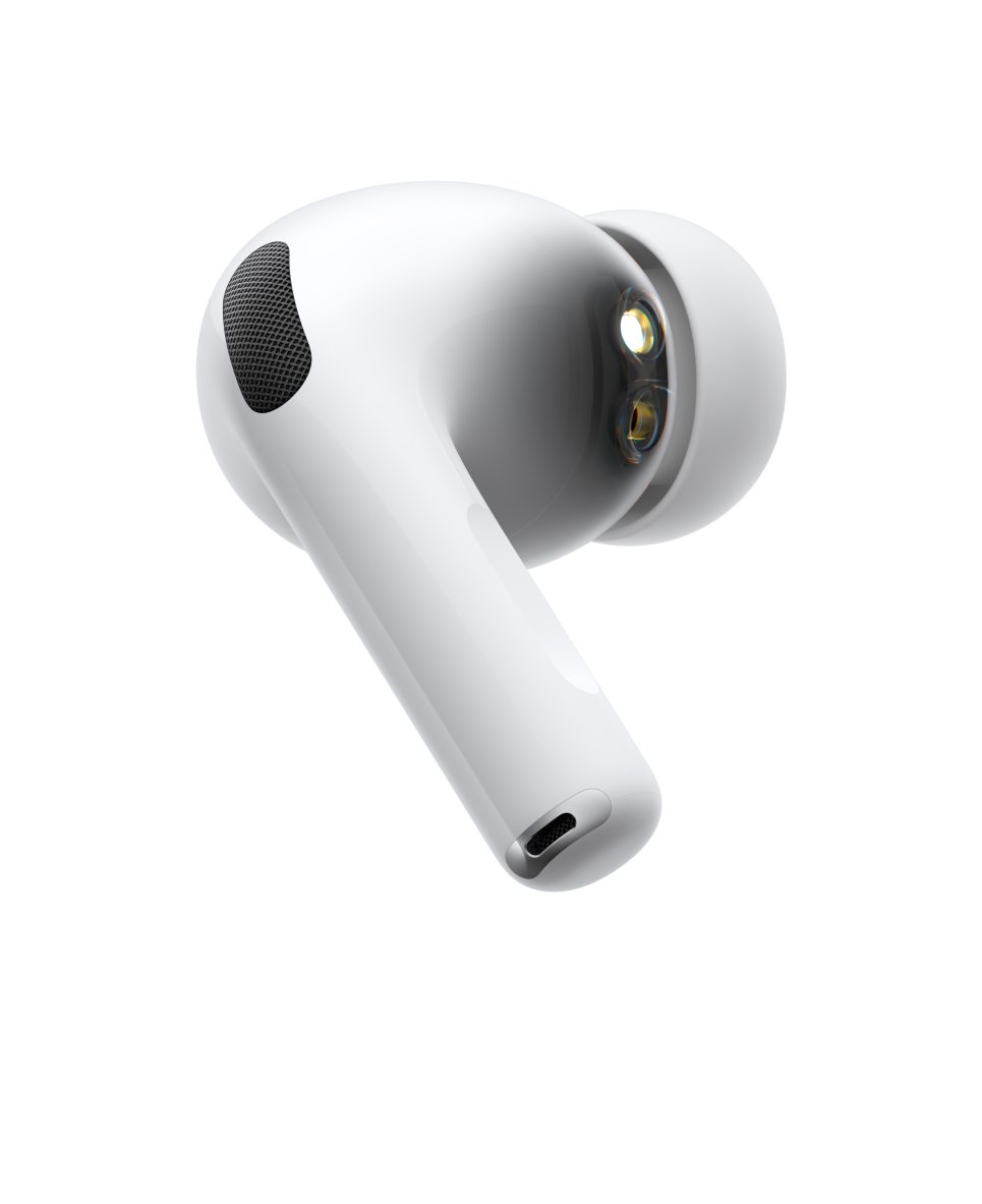 En hvit, trådløs AirPods Pro 3-øretelefon med kort stilk, lyddempende mikrofon og silikonplugger vises fra siden inne i en pulserende lydbølge.