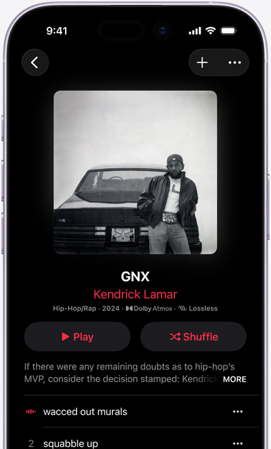 En iPhone-skjerm viser Kendrick Lamar-albumet «GNX» på Apple Music