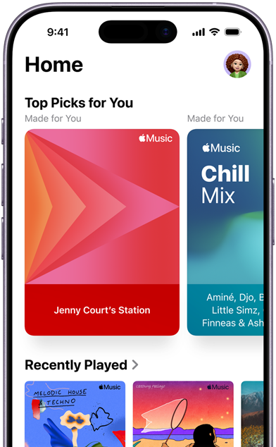 I Hjem-fanen i Musikk-appen på iPhone viser Utvalgt for deg-bildekarusellen tilpassede stasjoner og spillelister for Jenny Court