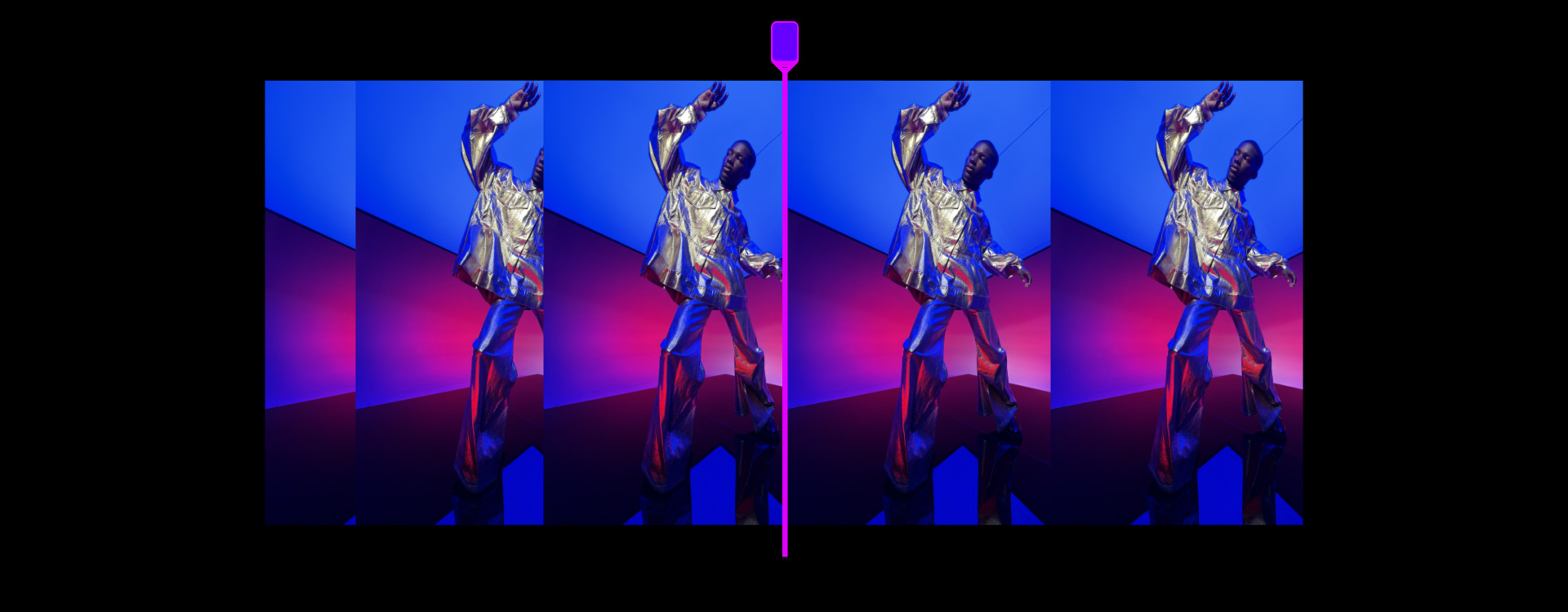 Plusieurs plans d’un danseur en costume argent sur un fond bleu et rouge