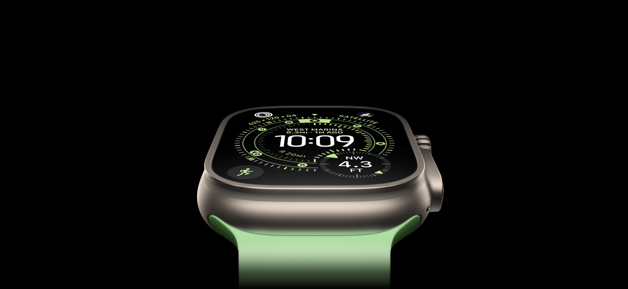 Apple Watch Ultra 3, Titangehäuse Natur, Kompass auf dem Zifferblatt Orientierung, Ocean Armband in Neongrün