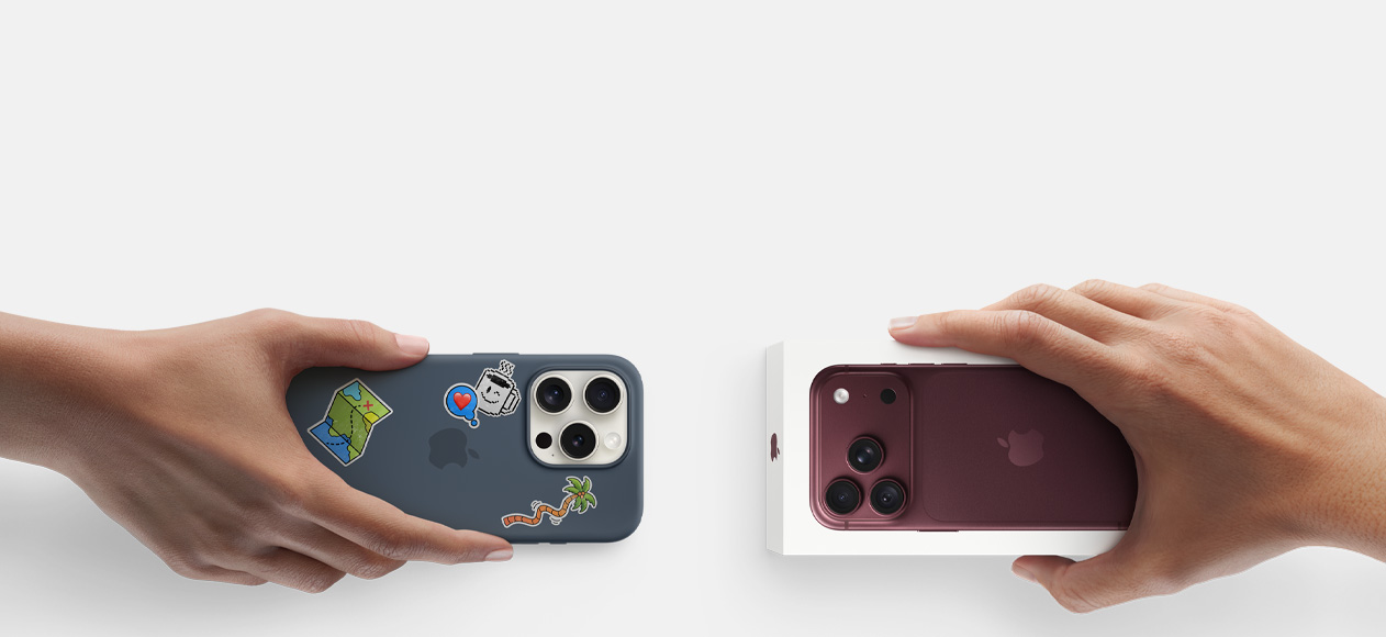 一隻手拿著用以換購、套有矽膠護殼的銀色 iPhone 15 Pro，展示有貼紙裝飾的背面外觀，換取另一隻手上全新連包裝盒的布根地紅色 (深紅色) iPhone 18 Pro。