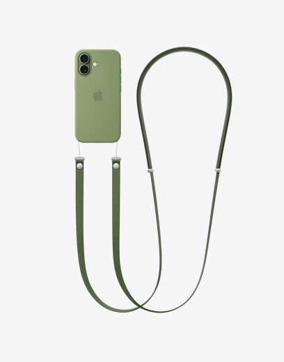 iPhone 17の背面の外観、グリーンのケースとグリーンのクロスボディストラップが取りつけられている