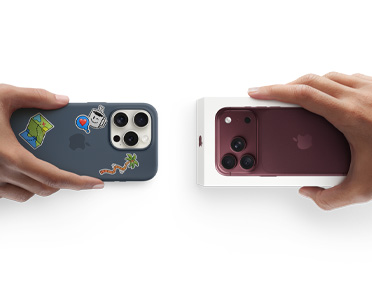 Zwei Hände tauschen ein Android Smartphone gegen ein neues iPhone 18 Pro in Burgunder in seiner Verpackung.