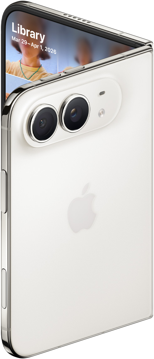 iPhone Duo, Farbe Sternenweiß, leicht geöffnet, Rückseite, 48 MP Dual Fusion Rückkameras oben, zwei Objektive, Mikrofon, Blitz