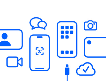 Apple Geräte und Features, iCloud, iPhone mit Face ID und Ladekabel, Kamera, Nachrichten