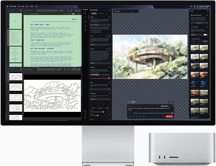 Studio Display XDR, écran affichant des plans architecturaux dans Draw Things, Pages et Keynote, Mac Studio, vu de face