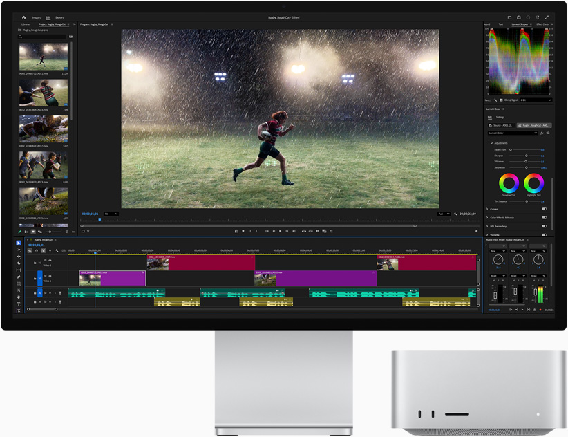 Studio Display XDR, écran affichant Adobe Premiere et l’image d’un athlète courant sous la pluie sur un terrain de sport, Mac Studio, vu de face