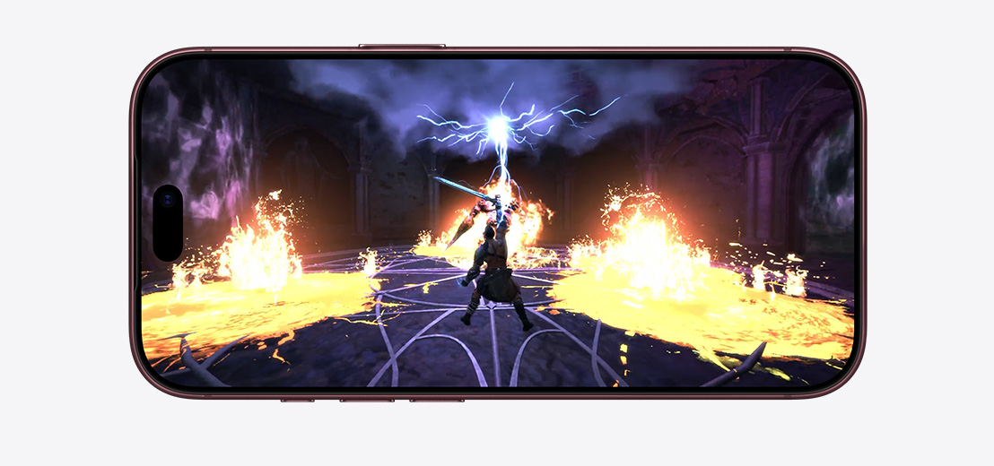iPhone 18 Pro, front exterior, demonstrating the performance capabilities of the A20 Pro chip with a scene from Neverness to Evenness.